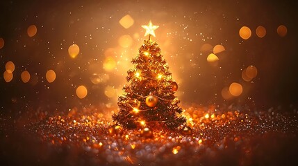 Cozy holiday scene with a glowing Christmas tree, golden stars and ornaments, and a blurred festive bokeh backdrop.