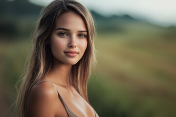 Naklejka premium A young woman with long hair smiling softly in a natural outdoor setting.