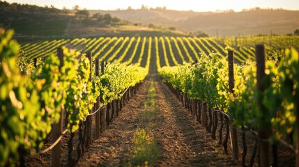 Obraz premium Vineyard Rows at Sunset: Golden Hour in the Grape Fields