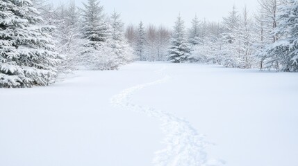 Snowy winter forest path, pristine snow, nature scene