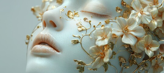 Serene portrait a face embellished with golden floral patterns