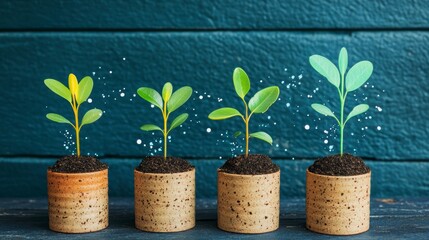 Stages of plant growth in terracotta pots