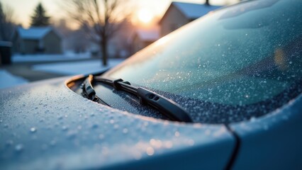 Frozen car windshield, Close-up frozen car windshield with frost patterns and steam rising front view suburban driveway photorealistic serene