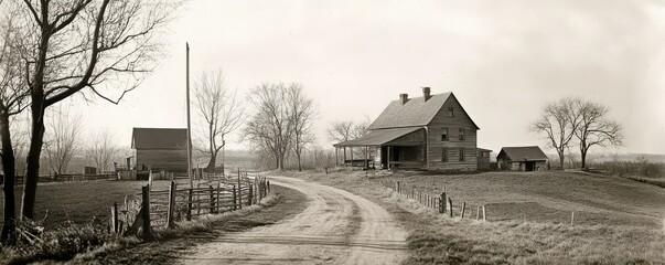 Rustic countryside with dirt road leading to farmhouse and barns under open sky