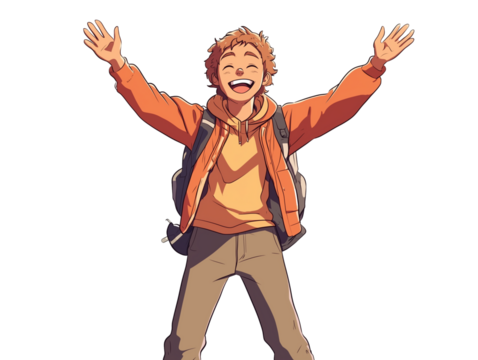 Emotionally excited man waving hands and smiling broadly, isolated on a white background full-length