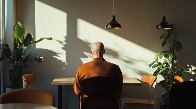 Hair loss in a minimalist café, a person enjoying a coffee break. Featuring calm and self-reflection