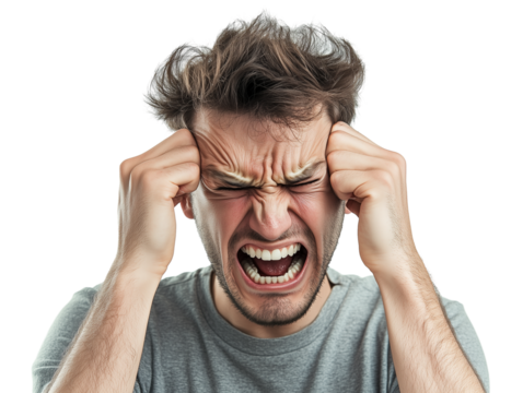 Irritated man wrinkling his forehead and clenching his teeth, his gaze full of discontent, isolated on a white background, full height