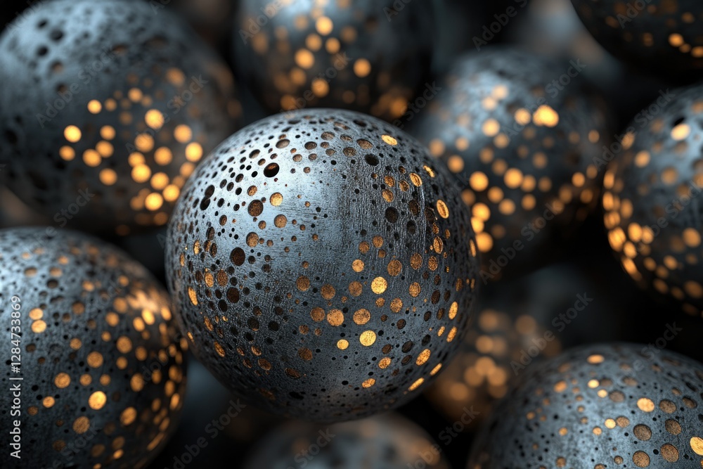 Poster close-up of metallic spheres with intricate cut-out patterns and warm inner light.