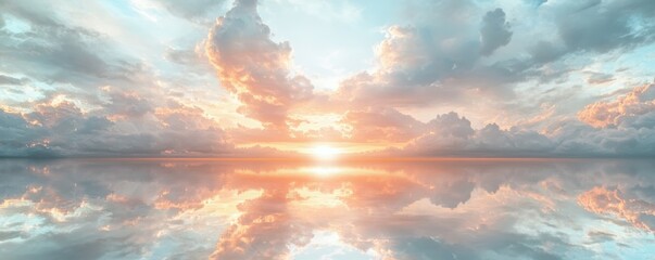 Obraz premium Serene sunset over calm ocean with reflective cloudscape