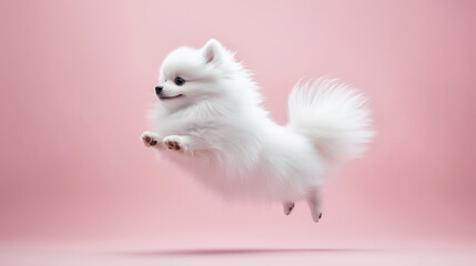 white dog with pink background