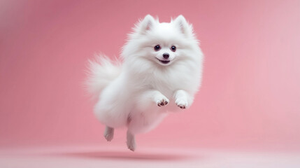 white pomeranian dog on pink background