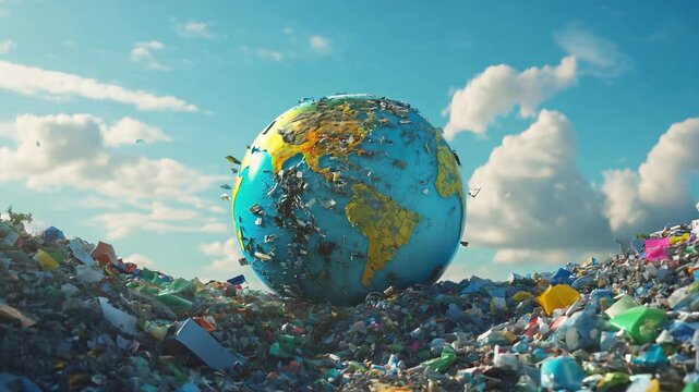 A globe covered in waste sits amidst a mountain of garbage, illustrating the urgent need for environmental awareness and action