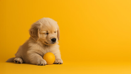 golden retriever puppy sitting with a ball
