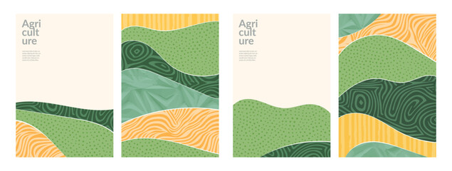 Sustainable agricultural landscape simple mosaic pattern. Grape plantation, terrace, rural hill. Patchwork, organic design. Eco brochure template, Japanese illustration, abstract green background
