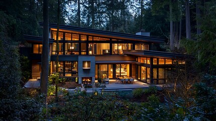 Obraz premium Cozy modern home nestled in nature, illuminated with soft lighting to create a tranquil ambiance.