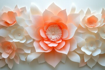 A stunning arrangement of peach and white paper flowers, creating a beautiful and delicate floral wall decor.