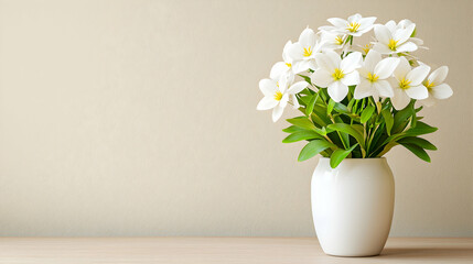 White flowers vase, beige wall, wooden table, spring decor