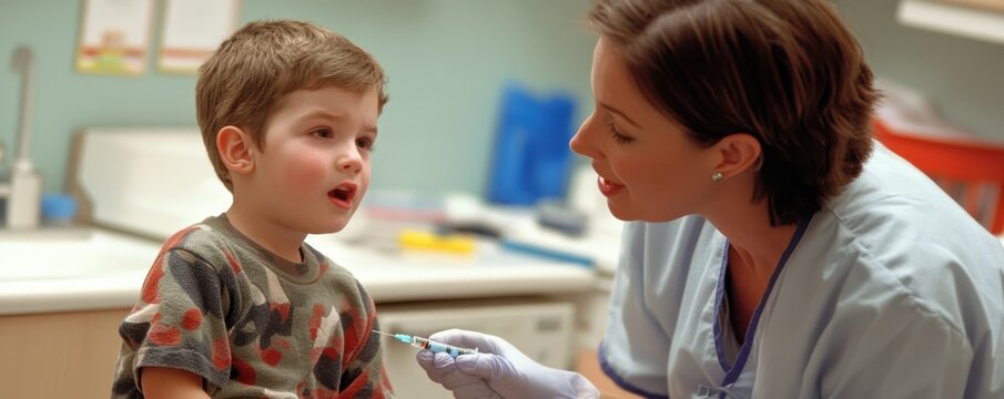 Nurse giving young boy a vaccine shot in pediatric clinic