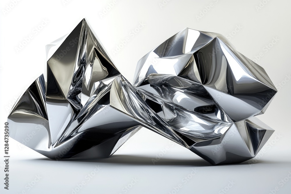 Poster abstract chrome sculpture with sharp,faceted forms, reflecting light intensely.