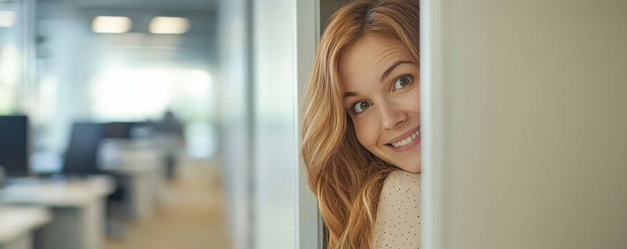 Caucasian female adult smiling playfully in office environment