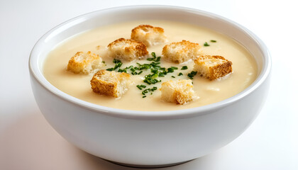 Cream soup with croutons isolated on white background