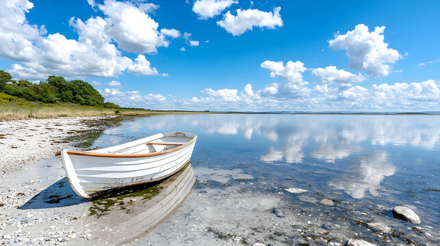 White boat on tranquil beach, sunny sky, calm water reflection, idyllic coastal scene