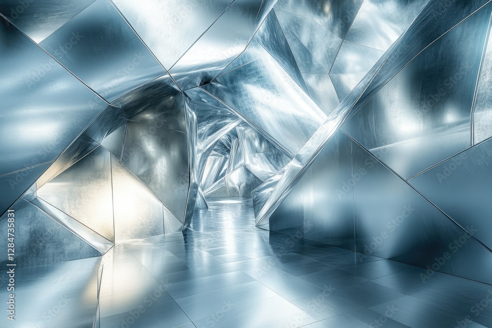 Poster abstract metallic architecture; a futuristic, geometric hallway with reflective surfaces and angular