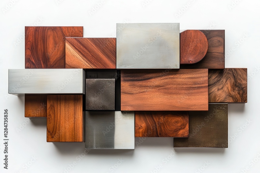Poster abstract artwork composed of geometric shapes in various wood and metal textures, creating a visuall