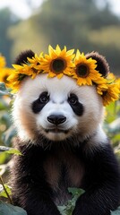Obraz premium Adorable panda cub wearing a sunflower crown. Sweet, innocent expression. A charming image of wildlife.