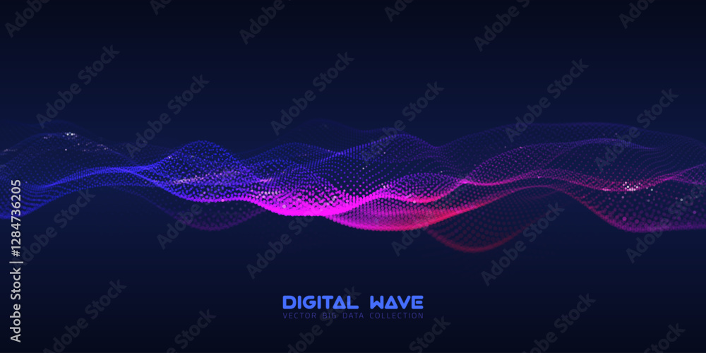 Poster abstract digital audio wave of particles with bokeh. futuristic ai technology. cyber data flow vecto