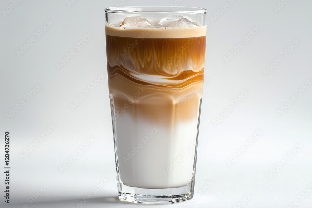 Aufkleber iced latte in a tall glass with ice cubes and swirling coffee layers on white background creates a r