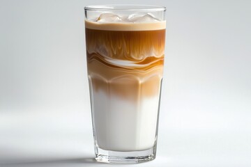 Iced latte in a tall glass with ice cubes and swirling coffee layers on white background creates a refreshing and visually appealing beverage image.