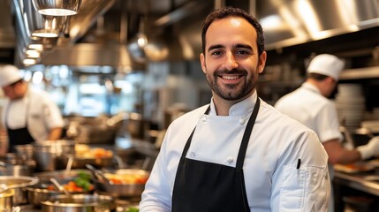 Fototapeta premium A cheerful European male chef stands confidently in a busy kitchen, showcasing his expertise in culinary arts. The modern setting highlights teamwork and vibrant food preparation.