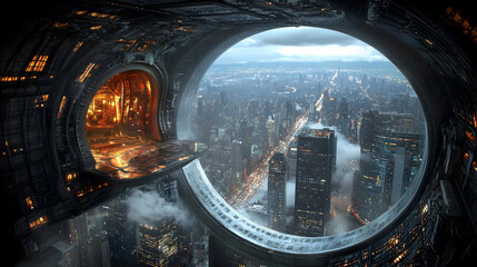Futuristic spaceship orbiting city, night view