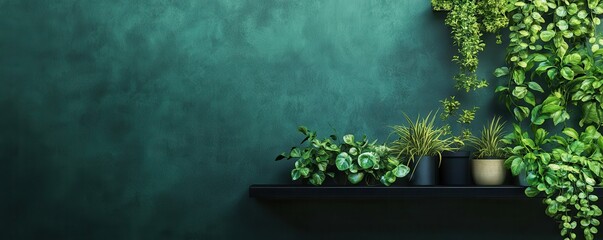 Lush indoor greenery on minimalist floating shelf against textured green wall