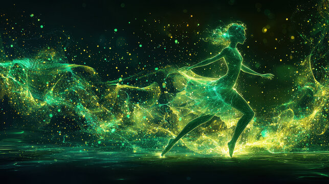 Dancer embodies quantum energy, leaving vibrant probability trails amid swirling particles in an otherworldly realm