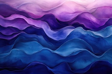 Obraz premium Abstract painting of flowing purple and blue waves, resembling a dreamy landscape or ocean.