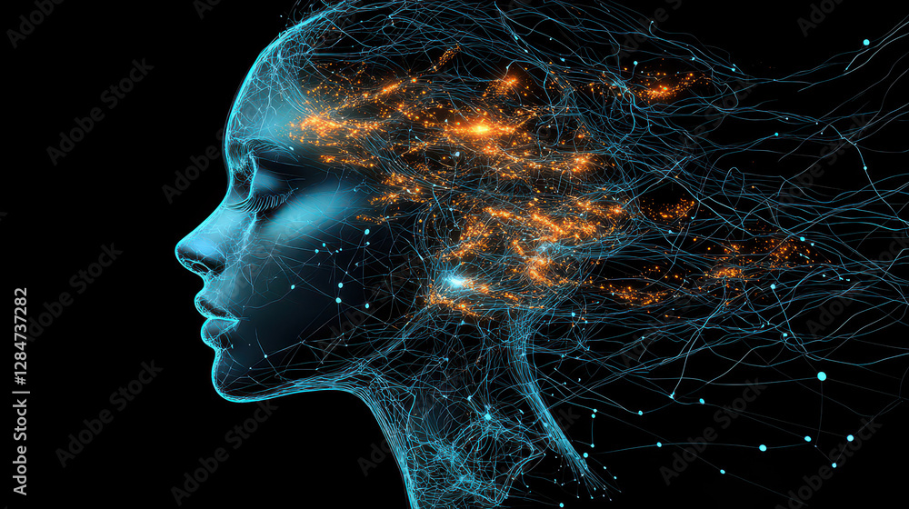 Poster interconnected glowing lines form a digital brain, symbolizing artificial intelligence and innovatio
