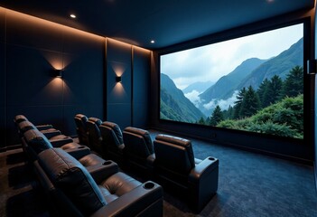 Luxury home theater with leather seats and scenic mountain view on screen