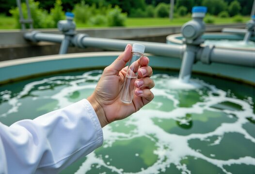 Scientist holding water sample in eco-friendly wastewater treatment facility