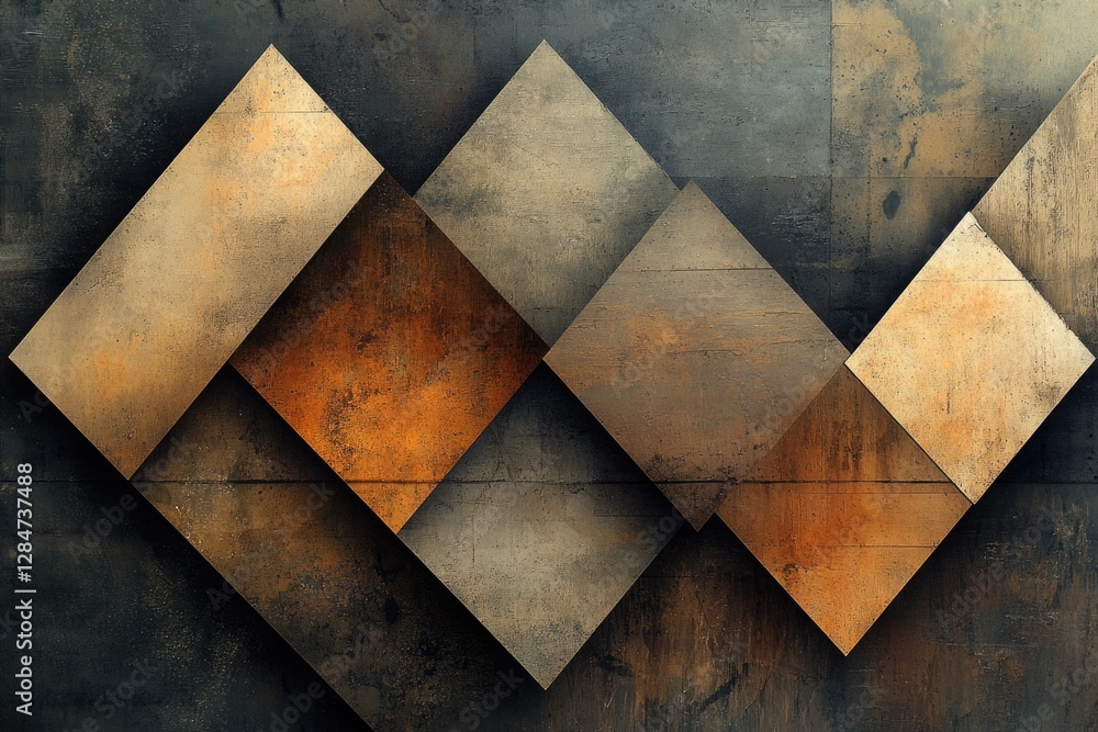 Poster abstract geometric art featuring overlapping rusty and beige squares on a dark background.