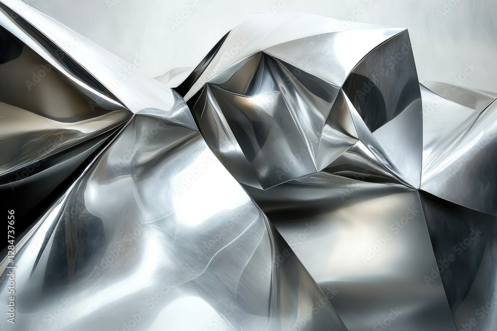 Poster abstract metallic sculpture with sharp, reflective folds and creases, creating a dynamic and modern 
