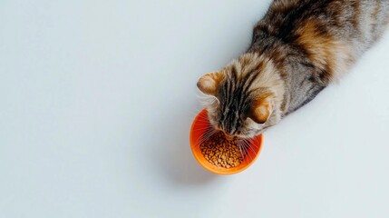 Top view of cat eating dry food from orange bowl on white background