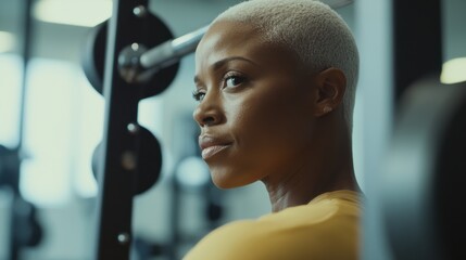 Hair loss in a modern fitness center, a person lifting weights. Featuring strength and empowerment