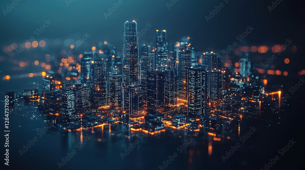 Poster futuristic city skyline showcasing skyscrapers made of data streams and digital graphs representing 