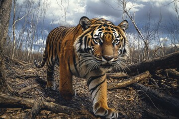Fototapeta premium A powerful Bengal tiger confidently strides through a leaf-strewn forest, its vibrant orange and black stripes stand out against the earthy background and cloudy sky.