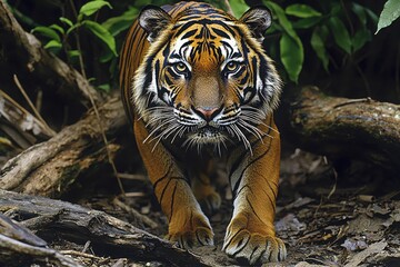Obraz premium A majestic tiger is walking directly to the camera, with a lush jungle background, creating a powerful and captivating wildlife image with nature's beauty.