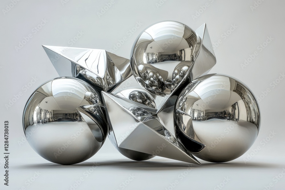 Poster reflective steel spheres and sharp geometric forms create a dynamic, abstract sculpture.
