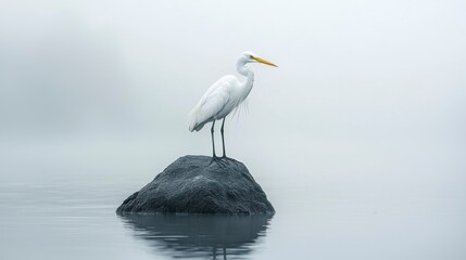 A majestic white heron perched on top of an isolated rock in the mist