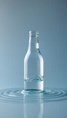 Water bottle with liquid rests in water, surface tension is visible as the liquid separates from the bottle and ripples extend outward.